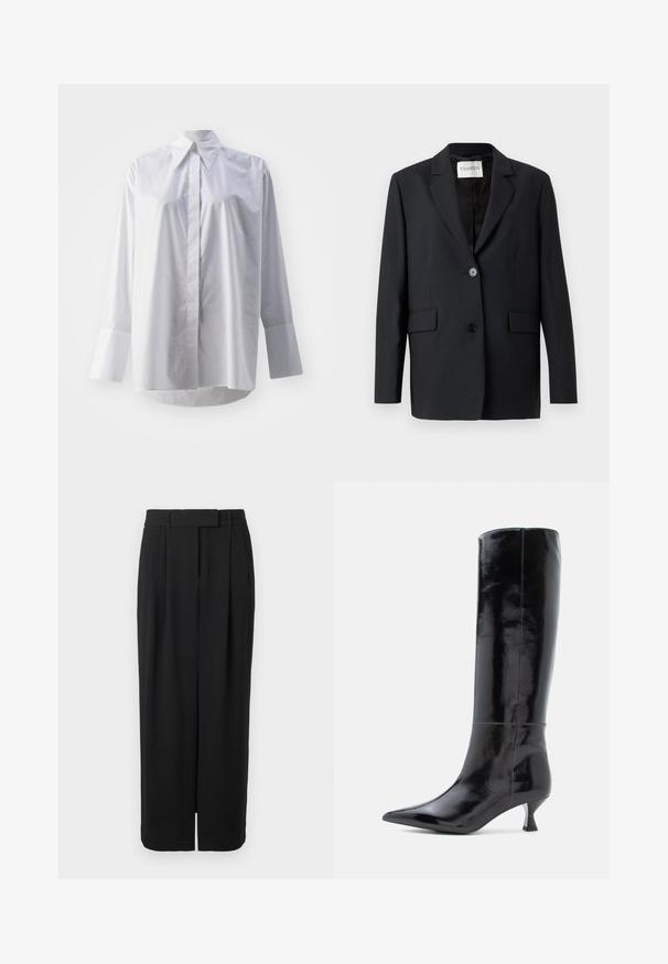 Zwarte blazer met een enkele knoopsluiting, revers met inkeping, twee voorzakken en een gladde textuur. Label met de tekst "CLOSED."; Witte blouse met lange mouwen in een gladde katoenmix, met een klassieke kraag, centrale knoopsluiting en brede manchetten.; Zwarte, hoge taille, wijde broek met een voorplooi, riemlussen en een verborgen sluiting op een witte achtergrond.; Zwarte leren kniehooglaarzen met een glanzende afwerking, spitse neus en een kleine, vierkante hak. Smooth textuur, minimale stikseldetails.