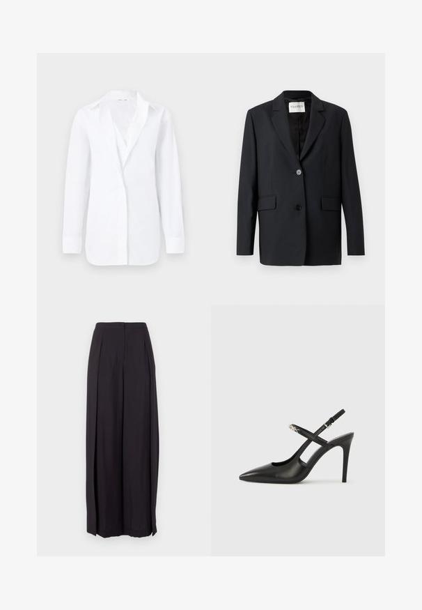 Blazer negro con cierre de un solo botón, solapas con muescas, dos bolsillos frontales y textura suave. Etiqueta que dice "CLOSED".; Camisa blanca de manga larga con botones y cuello, mostrada plana sobre un fondo claro, que exhibe un ajuste entallado y una tela lisa.; Pantalones negros de cintura alta y pierna ancha con cierre frontal de botones y cremallera oculta, con pliegues laterales sutiles.; Tacones altos slingback de cuero negro con punta afilada, diseño con recortes y correa ajustable con herrajes metálicos.