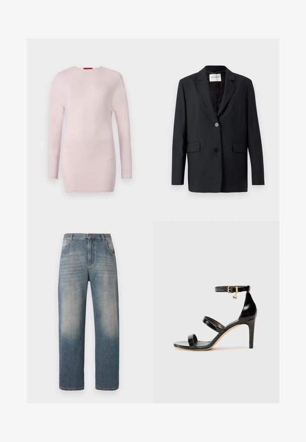 Sort blazer med enkelt knaplukning, hakkede revers, to forlommer og glat tekstur. Labelen lyder "CLOSED."; Lyserød bluse med lange ærmer og rund hals, med diagonale sømdetaljer og en glat tekstur.; Blå falmede denimjeans med lige ben, foranlommer og knaplukning, vist på en ensfarvet hvid baggrund.; Sorte patenterede lædersandaler med tre stropper, ankelspænde og 10 cm stiletthæl. Har detaljer i guld og et logo charms.