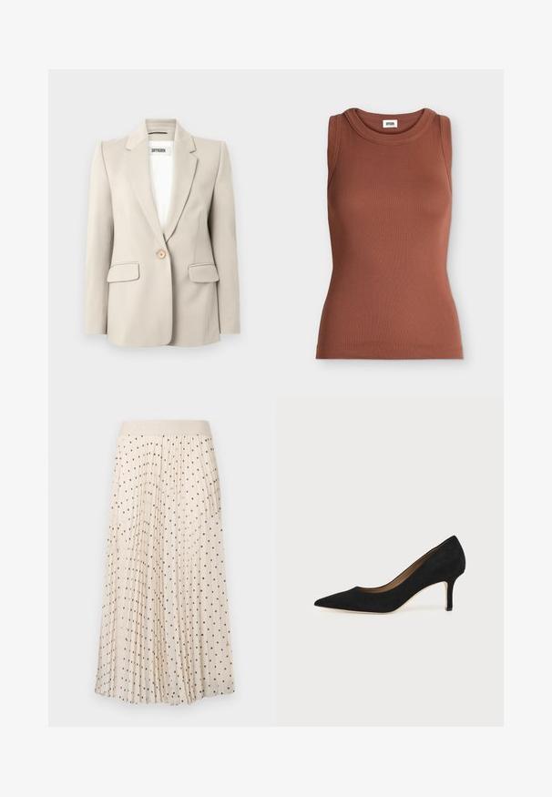 Blazer beige avec revers crantés, fermeture à un bouton, deux poches avant et une texture lisse. Étiquette de la marque visible à l'intérieur.; Débardeur marron slim fit en côtes sans manches avec encolure ronde et étiquette de marque à l’intérieur du col.; Jupe plissée écrue à pois noirs, avec une ceinture souple. Fabriquée en tissu léger, elle présente une texture lisse et un design fluide.; Escarpin en daim noir à bout pointu avec un talon stiletto fin de hauteur moyenne et un design à coupe basse sur un fond uni.