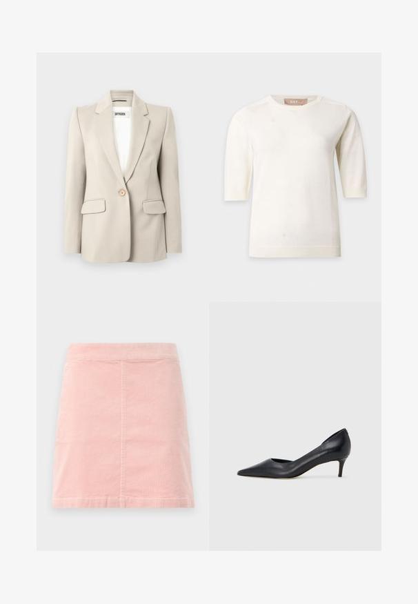 Beige blazer met ingesneden revers, enkele knoopsluiting, twee voorzakken en een gladde textuur. Merklable zichtbaar aan de binnenkant.; Effen witte gebreide trui met korte mouwen, ronde hals en geribde boorden aan mouwen en zoom, getoond op een witte achtergrond.; Roze corduroy mini rok met een aansluitende taille en verticale ribbeltextuur. De zoom is recht en het heeft een eenvoudig ontwerp zonder versieringen.; Zwarte leren pump met een puntige neus en lage hak. Heeft een gladde textuur en een subtiele glans. Open uitsparing aan de voorkant voor extra detail.