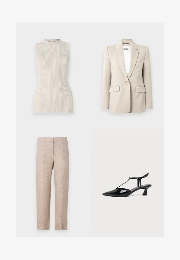 Beige blazer med hakkede revers, enkelt knaplukning, to forlommer og en glat tekstur. Mærkeetiket synlig indeni.; Ærmeløs top i lys beige, med ribbet tekstur og en høj, samlet halsudskæring. Tætsiddende silhuet fremhæver formen.; Lys beige linnedragt med lige pasform, med en struktureret overflade og skarpe folder, designet med sidelommer og knappelukning.; Sort lakeret læder damesko med lav hæl, slingback, spids tå og tynd rem med lille spænde.