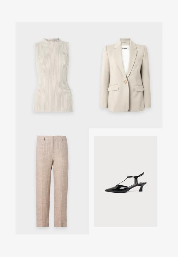 Blazer beige con solapas con muesca, cierre de un solo botón, dos bolsillos frontales y textura suave. Etiqueta de la marca visible en el interior.; Top sin mangas en un suave beige, con una textura acanalada y un escote alto y fruncido. La silueta ajustada realza la figura.; Pantalones de lino beige claro con corte recto, presentan una superficie texturada y pliegues marcados, diseñados con bolsillos laterales y cierre con botón.; Zapato negro de charol con tacón bajo, punta afilada, tira en T y cierre de hebilla sobre fondo neutro claro.