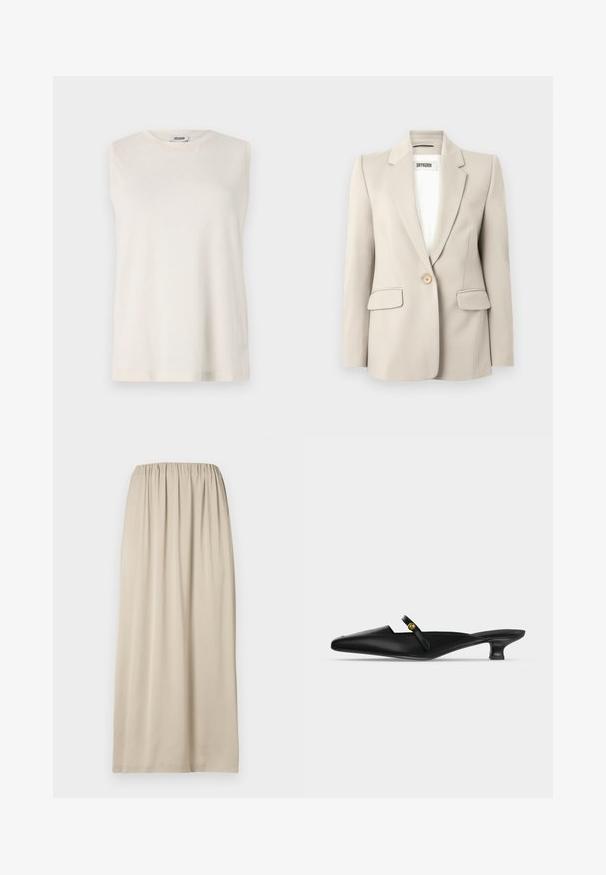 Blazer beige con solapas con muesca, cierre de un solo botón, dos bolsillos frontales y textura suave. Etiqueta de la marca visible en el interior.; Top sin mangas de tejido beige claro, con cuello redondo y un corte relajado. Textura suave sin adornos ni patrones.; Falda beige hasta la rodilla, hecha de tela suave con una cintura elástica. Presenta una textura lisa y un diseño sencillo y fluido.; Mule negro con punta afilada, tacón kitten bajo y una fina correa sobre el empeine con un pequeño detalle de botón dorado.