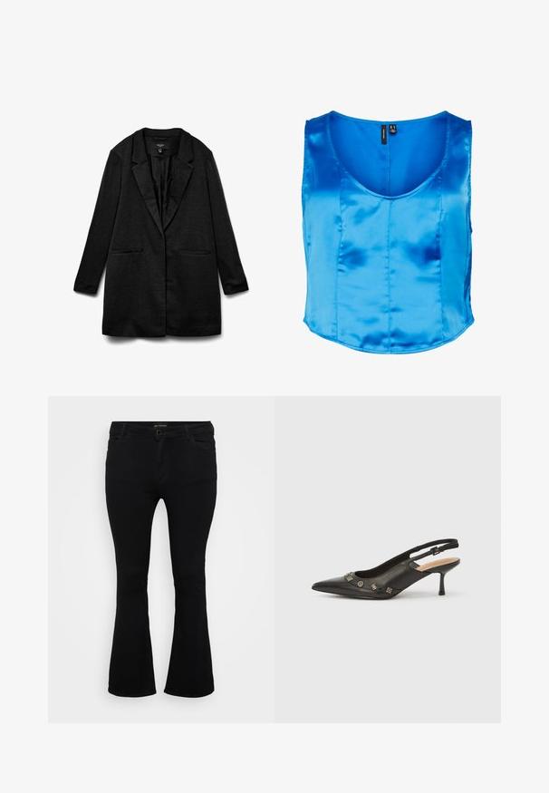 Sort blazer med struktureret stof, indsnævrede revers, to forlommer og åbent frontdesign. Glat foring, designet til en afslappet pasform.; Vero Moda Curve VMJOANN - Bluse - turkish sea; Sorte viddejeans lavet af denim, med knaplukning, fem lomme og en glat overflade. Klassisk design med flagrende kant.; Sort slingback-pumpe i læder med spids tå, lille hæl og dekorative metalakcenter langs frontåbningen. Glat tekstur.