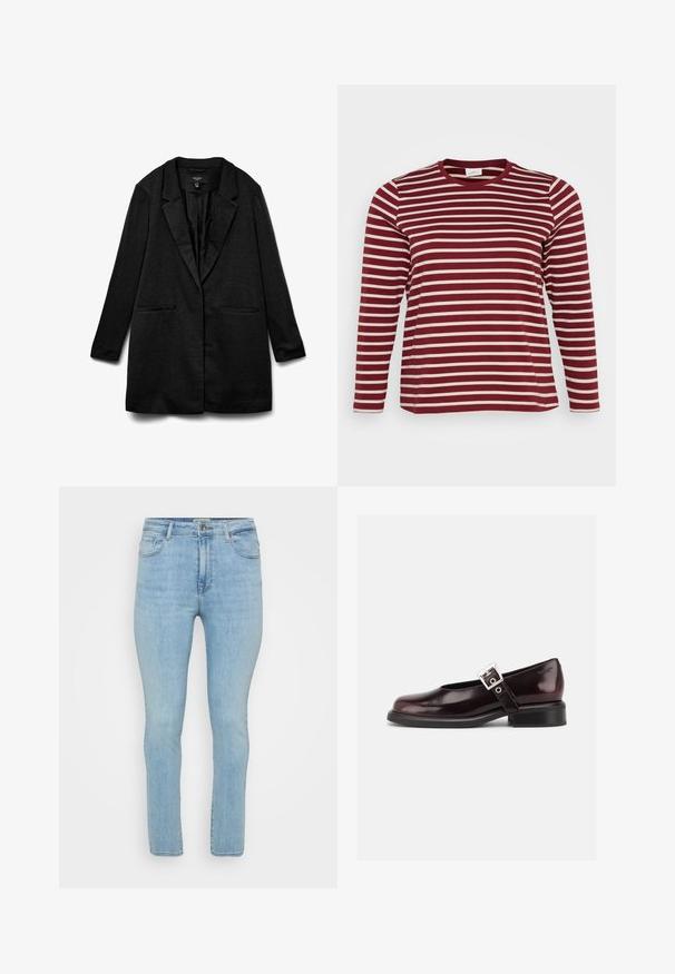 Sort blazer med struktureret stof, indsnævrede revers, to forlommer og åbent frontdesign. Glat foring, designet til en afslappet pasform.; Maroonslangærmet skjorte med horisontale cremede striber, rund halsudskæring, blødt bomuldsmateriale og en afslappet pasform.; Lyseblå denimjeans med slim fit, der har fem lommer, bæltestropper og en standard lynlås med knaplukning.; En enkelt blank mørk burgunder Mary Jane sko med bred rem og sølvspænde, lav blokhæle og rundet tå på hvid baggrund.