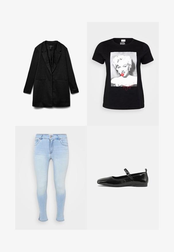 Sort blazer med struktureret stof, indsnævrede revers, to forlommer og åbent frontdesign. Glat foring, designet til en afslappet pasform.; ONLY Carmakoma CARNEWMARILYN TEE - T-shirts print - black; Lyseblå skinny jeans lavet af denim, med fem lommer, lukning med knap og lynlås, og let slidte for et brugt udseende.; Sorte patentlæder flade sko med spidse tæer, en ankelrem med spænde og en glat, blank tekstur. Lav hæl for komfort.