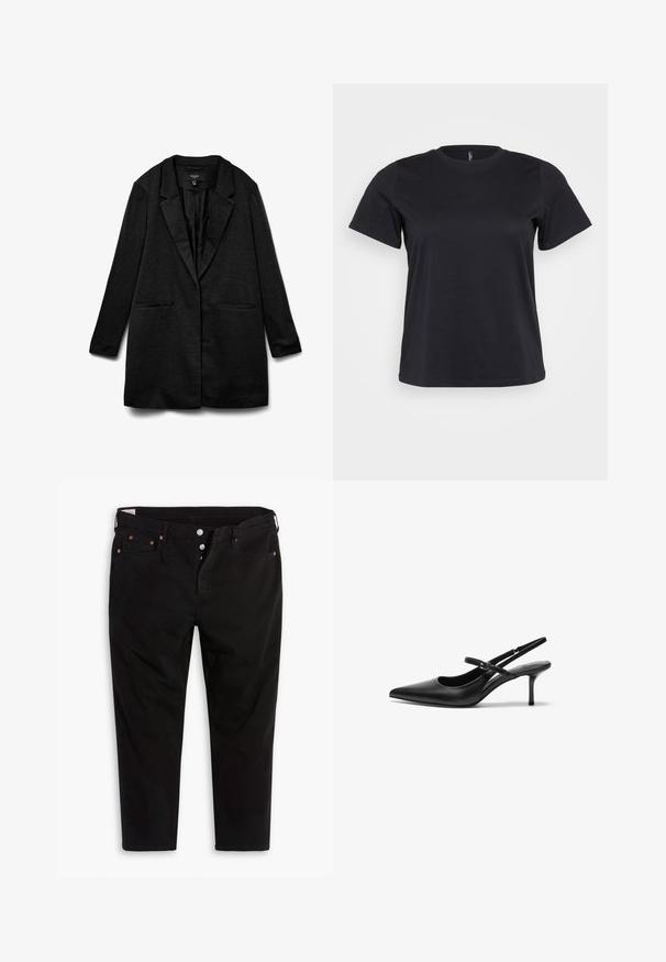 Sort blazer med struktureret stof, indsnævrede revers, to forlommer og åbent frontdesign. Glat foring, designet til en afslappet pasform.; Sort bomulds-t-shirt med korte ærmer, rund halsudskæring, afslappet pasform og glat tekstur. Ingen synlige grafik eller mønstre.; Sorte denimbukser med lige ben-design. Har fem lommer, metalknaplukninger og orange syninger som detaljer. Fremstillet af bomuld.; Sorte læder slingback hæle med spids tå, slank justerbar rem og en stiletto hæl på cirka 5 cm, glat tekstur.