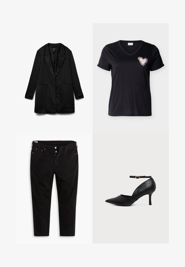 Schwarzer Blazer aus strukturiertem Stoff, mit Reverskragen, zwei Fronttaschen und offenem Schnitt. Glattes Futter, für eine lockere Passform entworfen.; Schwarzes T-Shirt mit V-Ausschnitt und kurzen Ärmeln, mit aufgerollten Ärmelbündchen, versehen mit einem pinkfarbenen Herzaufnäher mit kleinen Nieten und motivierendem Text um die Brust.; Schwarze Jeanshose mit geradem Bein. Verfügt über fünf Taschen, Metallknopfverschluss und orangefarbene Nähtigkeiten. Aus Baumwollmaterial.; Schwarzer Leder-Pumps mit spitzer Spitze, Kitten-Heel, Knöchelriemen und goldener Schnalle vor neutralem Hintergrund.