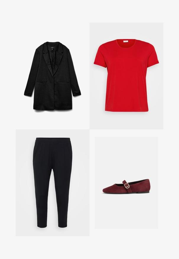 Blazer negro con tela texturizada, solapas con muesca, dos bolsillos delanteros y diseño de frente abierto. Forro liso, diseñado para un ajuste relajado.; Camiseta roja de manga corta con cuello redondo, fabricada en una suave mezcla de algodón, que presenta un corte relajado y una textura lisa.; Pantalones negros de corte relajado, con cinturilla elástica y suaves pliegues. Confeccionados en una tela suave, con piernas ajustadas y sin bolsillos.; Zapato Mary Jane plano de ante burdeos con correa de hebilla dorada y suela negra, mostrado de lado sobre un fondo blanco.