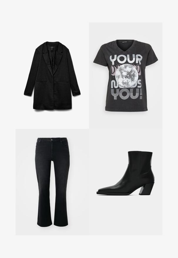 Sort blazer med struktureret stof, indsnævrede revers, to forlommer og åbent frontdesign. Glat foring, designet til en afslappet pasform.; Sort bomulds T-shirt med V-hals, korte ærmer og et grafisk design af en diskokugle med tekst i metalisk og stribet skrifttype.; Sorte denim jeans med mid-rise talje, frontknap, to frontlommer, to baglommer og flared ben.; Sortlæder ankelstøvle med spids tå, en slank silhuet og en kraftig firkantet hæl. Glat tekstur med minimale stikninger.