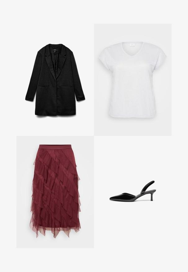 Sort blazer med struktureret stof, indsnævrede revers, to forlommer og åbent frontdesign. Glat foring, designet til en afslappet pasform.; Hvid kortærmet V-hals t-shirt med en subtil skimmereffekt, der har en afslappet pasform og ingen synlige mønstre eller accenter.; Burgunderfarvet, lagdelt tylskørt med en tætsiddende talje, der har bølgede lag, som skaber et struktureret udseende og bevægelse.; Sorte patentlæder slingback hæle med spids tå, lav stiletto hæl og et elegant, enkelt design uden pynt.