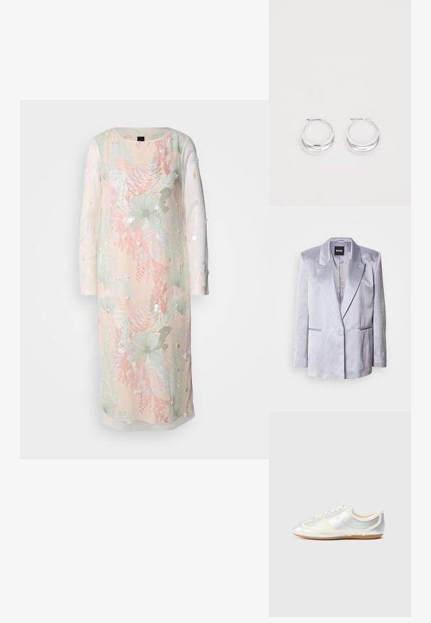 Blazer en satin gris clair avec un col à revers, bouton unique à l'avant et deux poches latérales ; texture lisse avec épaules structurées.; Robe florale en couleurs pastel avec de longues manches transparentes, ornée de broderies et de décorations. Tissu léger avec une coupe décontractée.; Baskets synthétiques argentées avec accents crème, profil bas, bout arrondi et semelle en caoutchouc plate ; dotées de coutures classiques et d'une fermeture à lacets.; Boucles d'oreilles en argent avec une finition polie et un branding DKNY, présentées sur un fond blanc uni.