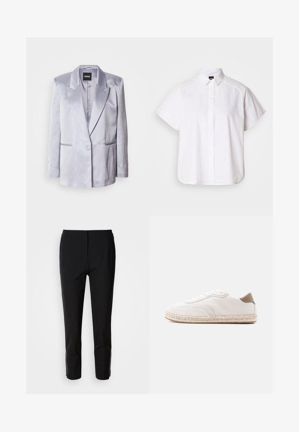 Blazer en satin gris clair avec un col à revers, bouton unique à l'avant et deux poches latérales ; texture lisse avec épaules structurées.; Chemise blanche à manches courtes, à boutons, avec un col pointu et un ourlet arrondi. Fabriquée en coton, elle possède une texture lisse et sans motifs visibles.; Un pantalon noir avec une coupe droite, fabriqué en tissu lisse. Présente des accents zippés sur les côtés inférieurs. Un style épuré et minimaliste.; Baskets blanches avec une tige en daim, des accents beiges et une semelle en jute tressé. Elles sont équipées de lacets plats et arborent un logo de marque sur le côté.