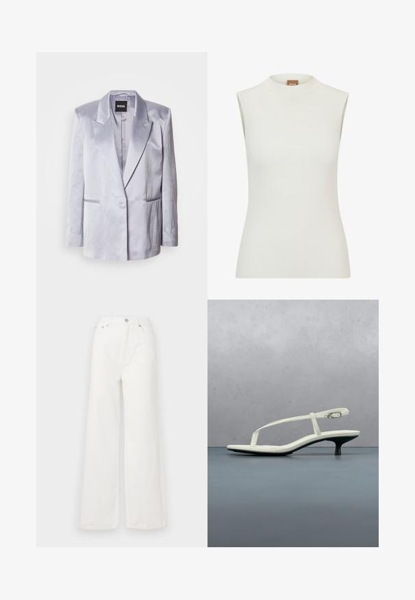 Blazer en satin gris clair avec un col à revers, bouton unique à l'avant et deux poches latérales ; texture lisse avec épaules structurées.; Haut blanc sans manches avec un col montant, présentant une texture côtelée et un design ajusté. Étiquette de marque "BOSS" visible sur le col.; Jeans large à taille haute blancs en denim. Comprend des poches avant, une fermeture à bouton et des détails d'ourlet effiloché.; Sandale blanche à talon kitten avec des lanières et un bout pointu, flottant au-dessus d'un sol en carrelage en bois en plein air avec un arrière-plan flou de plante et de mur.