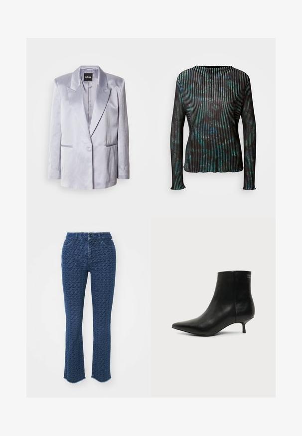 Lichtgrijze satijnen blazer met een notch-kraag, een knoopsluiting aan de voorkant en twee zijzakken; gladde textuur met gestructureerde schouders.; Marc Cain Longsleeve - dark jade green; Donkerblauwe jeans met een herhaald cirkelpatroon, rechte pijpen, rafelige zomen en een traditionele vijf-pocketontwerp, met een sluiting aan de voorkant met knoop.; Zwart leren enkellaars met puntige neus en lage kittenhak op lichte achtergrond, zijaanzicht buitenkant.