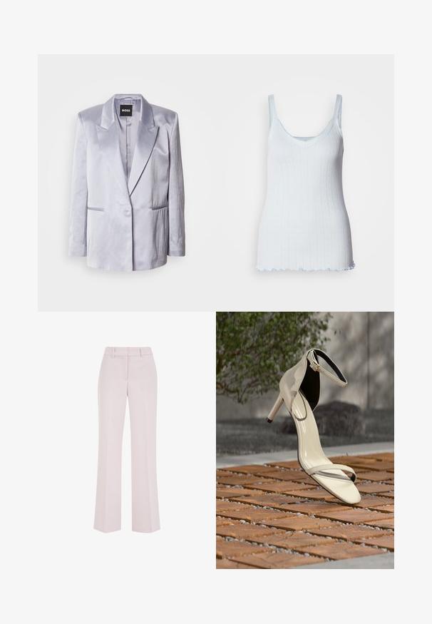 Blazer en satin gris clair avec un col à revers, bouton unique à l'avant et deux poches latérales ; texture lisse avec épaules structurées.; Débardeur bleu clair en tissu texturé avec décolleté en cœur, fines bretelles et ourlet festonné. Présente un motif en forme de cœur sur l'ensemble.; Pantalon rose pâle à jambes droites avec passants de ceinture et détails de couture avant, présenté sur un fond blanc.; Sandale beige à talons hauts avec bride à la cheville posée sur des lattes en bois en extérieur, avec un arrière-plan flou de verdure et de béton.