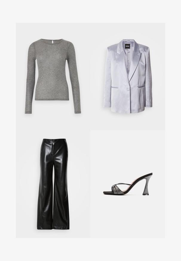 Blazer en satin gris clair avec un col à revers, bouton unique à l'avant et deux poches latérales ; texture lisse avec épaules structurées.; Samsøe Samsøe DOU - T-shirt à manches longues - grey; Pantalons larges en cuir noir avec une texture lisse, taille haute et fermeture éclair frontale dissimulée. Coupe ajustée avec une finition soignée.; Sandales à talons hauts noires avec un dessus texturé ornées de strass brillants, de fines lanières et d'un design de talon géométrique distinctif.