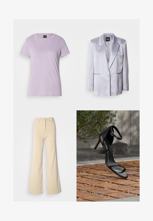Blazer de satén gris claro con solapa de muesca, cierre de botón único en el frente y dos bolsillos laterales; textura suave con hombros estructurados.; Camiseta de algodón color púrpura claro con cuello redondo, mangas cortas y un sutil logo en escritura decorado con strass en el pecho.; Jeans beige de pierna ancha con cintura alta, bolsillos frontales y costuras en contraste, con cierre de botón y una textura de algodón suave.; Sandalia negra de tacón alto con correa en el tobillo, parece suspendida sobre un suelo de baldosas de madera al aire libre, con un fondo difuminado de vegetación y piedra.