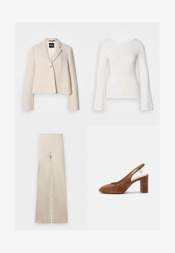 Veste beige coupée, finition texturée, revers crantés, fermeture à un bouton et étiquette de marque noire à l'intérieur.; Haut blanc à manches longues avec une coupe ajustée, présentant des motifs en zigzag texturés et un col bateau. Confectionné en tissu doux et léger.; Pantalons amples beiges en tissu doux avec une texture lisse. Dotés d'une taille élastique haute pour le confort et d'un design épuré et minimaliste.; Escarpin slingback en daim marron avec talon bloc et bride réglable à boucle présentant un petit charm doré avec le logo MK.