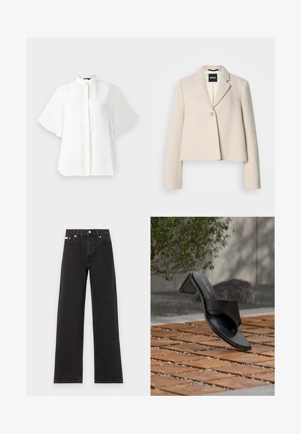 Chaqueta beige recortada con un acabado texturizado, solapas con muesca, cierre de un solo botón y una etiqueta de marca negra en el interior.; Blusa blanca con cuello alto, mangas cortas con volante y delicados bordados verticales en la parte frontal. Tejido suave y ligero.; Jeans anchos de mezclilla negros, con cintura alta, cinco bolsillos y cierre de botón metálico con costuras contrastantes.; Sandalia de tacón negra de Calvin Klein con lazo en el dedo sobre un suelo de baldosas de madera al aire libre, cerca de un árbol y un muro de piedra.