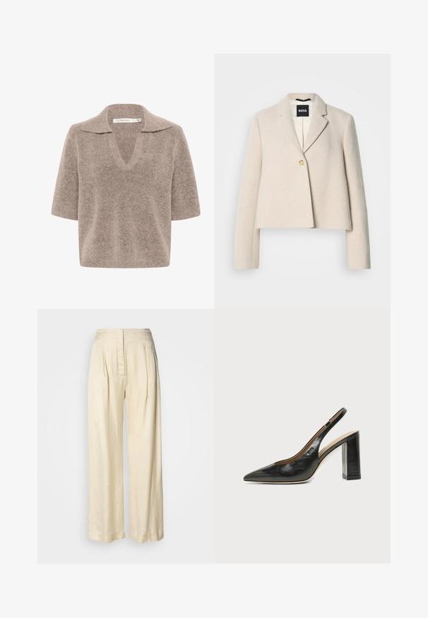 Chaqueta beige recortada con un acabado texturizado, solapas con muesca, cierre de un solo botón y una etiqueta de marca negra en el interior.; Suéter beige de manga corta con escote en V, hecho de un material de punto suave, con un diseño de cuello y un corte relajado.; Pantalones de seda crema de tiro alto con pliegues, piernas anchas y cierre frontal oculto con cremallera sobre un fondo blanco liso.; Zapato slingback negro de cuero con punta afilada, tacón cuadrado y un pequeño logo en el lateral, sobre un fondo blanco liso.