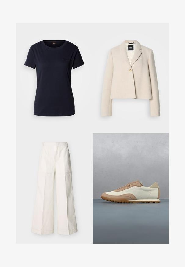 Afgeknipte beige jas met een gestructureerde afwerking, gerevende revers, enkele knoopsluiting en een zwart merkteken aan de binnenkant.; Navyblauwe T-shirt met korte mouwen, gemaakt van katoen, met een ronde hals en een klein geborduurd logo op de borst. Soepele textuur.; Wijdvallende broek van witte katoen, met steekzakken aan de voorkant en gedetailleerde stiksels. Gladde textuur met een strak, minimalistisch ontwerp.; Crème- en beige sneaker met een textuur bovenwerk, veters en een rubberen zool, gepresenteerd boven een houten oppervlak met kiezelstenen.