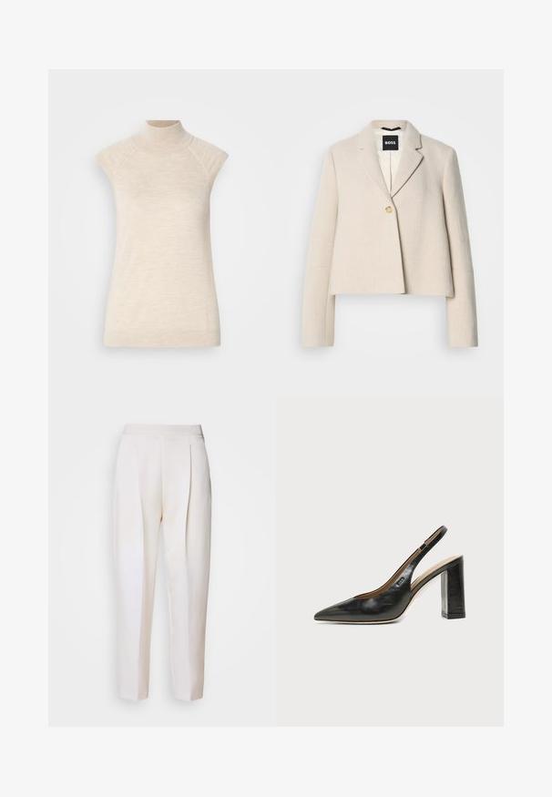 Afgeknipte beige jas met een gestructureerde afwerking, gerevende revers, enkele knoopsluiting en een zwart merkteken aan de binnenkant.; Beige hooggesloten mouwloze top, gemaakt van zachte, gestructureerde stof. Beschikt over raglan-schouderpassen en een getailleerde pasvorm. Geschikt voor gelaagde outfits.; Crème-kleurige op maat gemaakte broeken met een gladde textuur, voorzien van voorste plooien en een gestroomlijnd ontwerp. Geen zichtbare zakken of hardware.; Zwarte leren slingback schoen met spits toelopend neusje, hoge blokhak en beige binnenvoering tegen een effen lichte achtergrond.