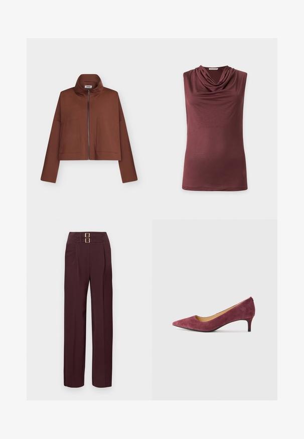 Bruine cropped jas met hoge kraag, rits aan de voorkant en twee grote voorzakken op lange mouwen tegen een witte achtergrond.; Mouwloze donker mauve top met een gedrapeerde col, gemaakt van glad, lichtgewicht stof, weergegeven op een effen lichte achtergrond.; Donkere bordeauxrode broek met hoge taille, twee gouden gespsluitingen aan de bovenkant en een rechte pijp.; Bordeaux suède hoge hak pump met een spitse neus, lage hak en een gladde binnenvoering. Textuur aan de buitenkant en een slank, klassiek ontwerp.