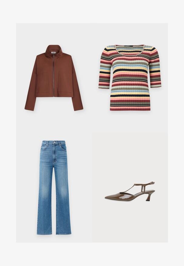 Braune cropped Jacke mit hohem Kragen, Frontreißverschluss und zwei großen Fronttaschen an langen Ärmeln vor weißem Hintergrund.; Eng anliegendes, geripptes Strickoberteil mit ellbogenlangen Ärmeln, U-Boot-Ausschnitt und horizontalen Streifen in Marineblau, Rosa, Gelb, Blau und Beige.; Helle blaue, weit geschnittene Jeans aus Denim mit hoher Taille. Verfügt über einen Knopf- und Reißverschluss sowie leichtes Ausbleichen des Stoffes.; Brauner Lackleder-Spitzzehen-Slingback-Schuh mit niedrigem Kitten-Heel, dünnem T-Riemen und Knöchelriemenverschluss.