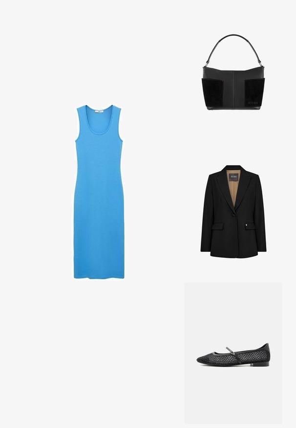 Zwarte op maat gemaakte blazer met een gesneden revers, enkele knoopsluiting, twee voorzakken en een beige voering. Bevat subtiele gouden hardware accenten.; Blauwe tankjurk van soepel, rekbaar materiaal, met een ronde halslijn en een aansluitende, enkellange snit. Geen zichtbare patronen of hardware.; Zwarte platte Mary Jane-schoen met een maas diamantpatroon, enkele band met gesp en lage hak tegen een effen lichte achtergrond.; Zwarte handtas met een glad leren lichaam, dubbele zwarte suede zijzakken en een stevige, afgeronde handgreep. Bevat een subtiele merklogo.