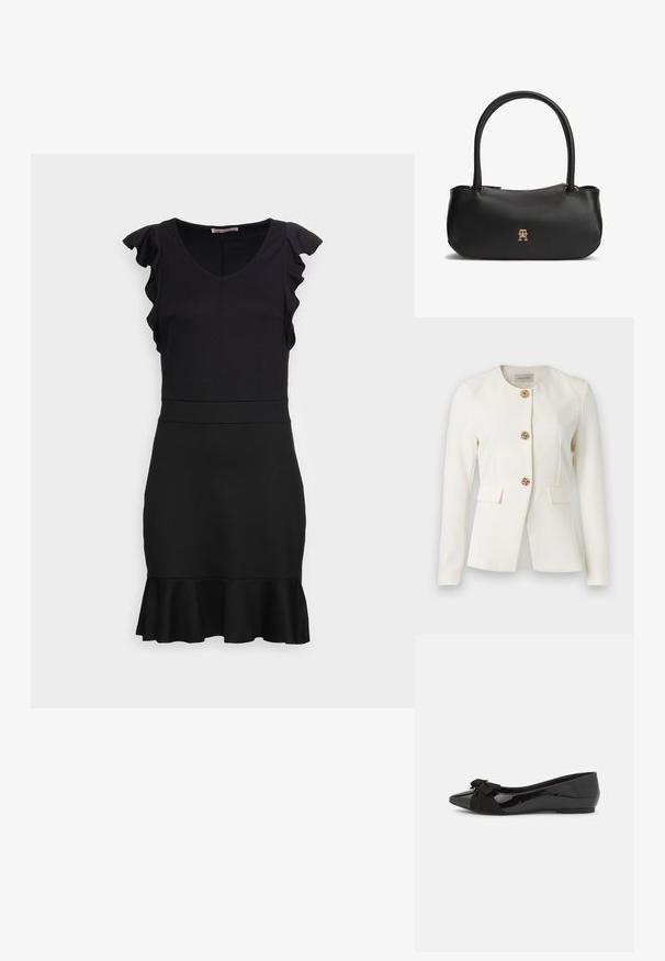 Witte op maat gemaakte blazer met lange mouwen, ronde halslijn, drie decoratieve gouden knopen in de vorm van een roos en twee klepzakken op taillehoogte.; Anna Field Jerseyjurk - black; Zwarte balletflat met een glanzende lakafwerking en een contrasterende zwarte suède strikaccent op de neus. Platte zool. Minimalistisch design.; Zwarte leren handtas met dubbele afgeronde handvatten, gouden ritssluiting en klein goudkleurig gekleurd logo met schakels aan de voorkant in het midden.