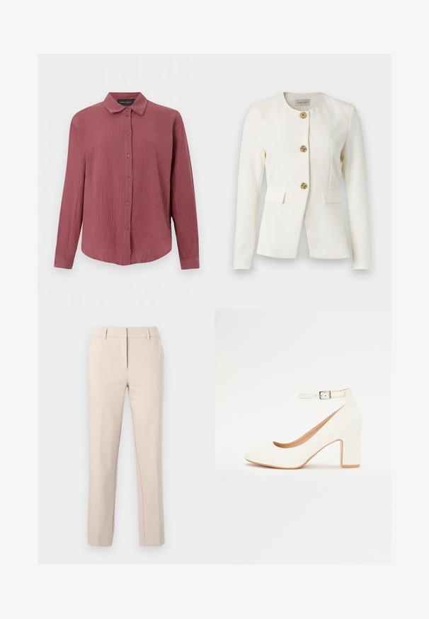 Blazer blanc sur mesure à manches longues, col rond, trois boutons décoratifs dorés en forme de rose, et deux poches à rabat à la taille.; Chemise à manches longues boutonnée en tissu rose poussière texturé, col classique et poignets ajustés, marque Anna Field.; Pantalon beige ajusté à jambe droite avec passants de ceinture, fermeture éclair frontale et bouton, sur un fond clair uni.; Chaussure à talon aiguille blanche avec un bout pointu, un talon carré et une bride à la cheville. Fini lisse avec un éclat subtil et doublure intérieure beige.