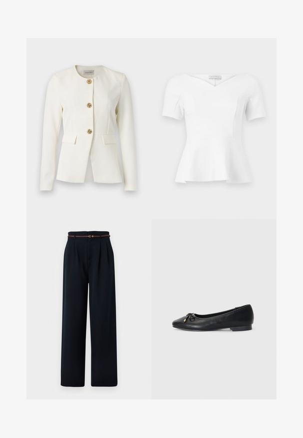 Blazer blanc sur mesure à manches longues, col rond, trois boutons décoratifs dorés en forme de rose, et deux poches à rabat à la taille.; Haut blanc à manches courtes avec basque, encolure en cœur et taille cintrée, étiquette "Anna Field" visible à l'intérieur du col.; Pantalon noir taille haute à jambes larges avec plis et une fine ceinture tressée marron, présenté sur un fond blanc.; Ballerines en cuir noir avec un bout pointu, présentant un petit nœud et des accents dorés, ainsi qu'un petit talon arrondi.