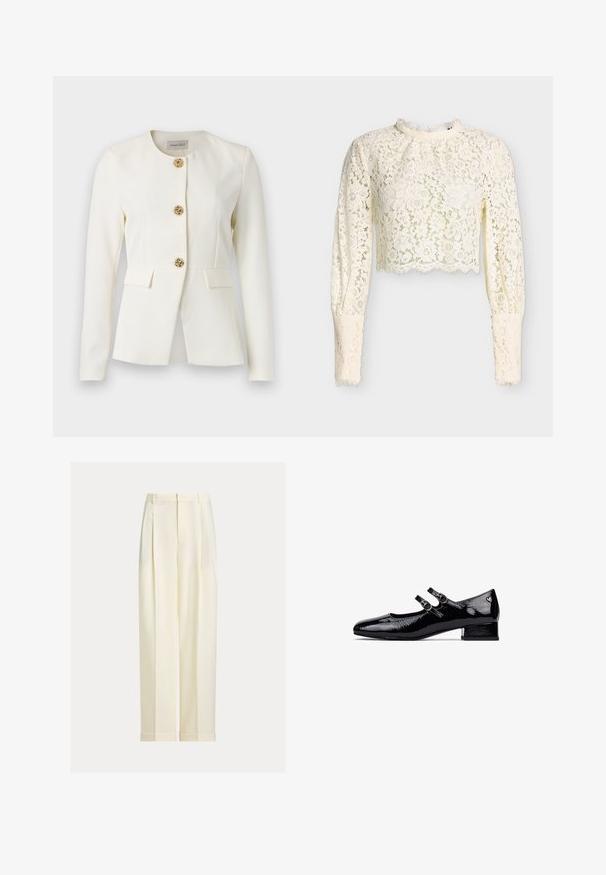 Witte op maat gemaakte blazer met lange mouwen, ronde halslijn, drie decoratieve gouden knopen in de vorm van een roos en twee klepzakken op taillehoogte.; Crèmekleurige crop top met lange mouwen van kant met bloemenpatroon, hoge halslijn en met knopen gesloten manchetten, tegen een effen achtergrond.; Roomkleurige op maat gemaakte broek met plooien aan de voorkant, riemlussen en omgeslagen zomen, afgebeeld op een effen achtergrond.; Zwarte gepatineerde leren Mary Jane-schoenen met een lage blokhak, dubbel bandontwerp en ronde metalen gespen. Glad, glanzend oppervlak.