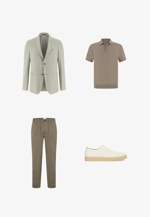 Blazer gris claro para hombre con patrón de cuadros sutil, dos botones, solapas con muesca y bolsillos delanteros tipo parche, exhibido sobre un fondo blanco.; Polo en topo con acabado texturizado, mangas cortas y cuello. Cuenta con una tapeta de tres botones y puños acanalados.; Pantalones verde oliva hechos de una tela suave con un corte relajado, cinturilla elástica con cordón y dos pliegues delanteros para un diseño adicional.; Zapatillas de cuero blanco con perfil bajo, punta redonda, suela plana de goma color marrón claro y diseño de seis ojales para cordones. Cuenta con una pequeña lengüeta en la parte trasera.