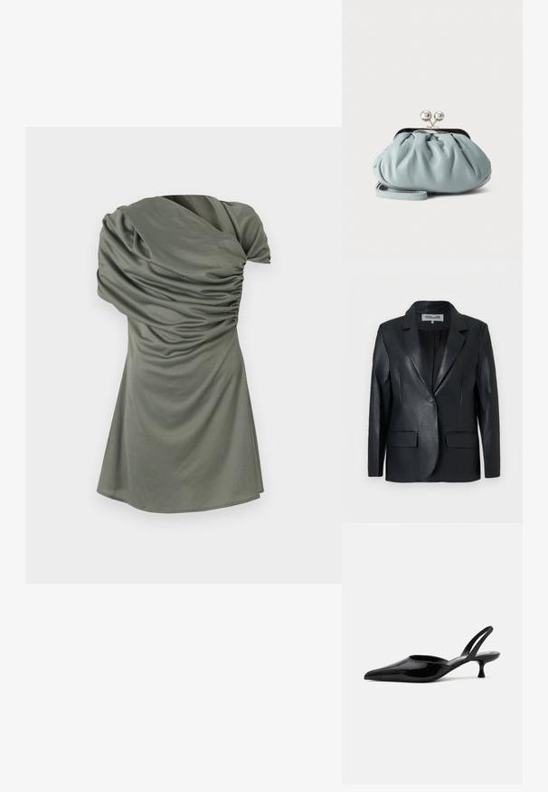 Blazer en cuir noir à un bouton avec col cranté, manches longues et deux poches avant à rabat, présenté sur un fond blanc uni.; Robe à manches courtes en vert olive, avec une texture froncée, un décolleté asymétrique et une silhouette ajustée qui s'évase en bas.; Chaussure slingback à talon kitten en cuir verni noir avec bout pointu et talon bas incurvé sur fond clair uni.; Petit porte-monnaie en cuir bleu clair avec fermoir métallique argenté de type kiss-lock et court bracelet de poignet sur fond uni.