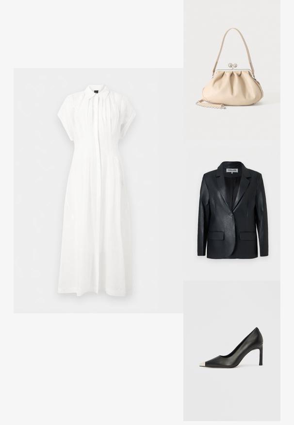Blazer en cuir noir à un bouton avec col cranté, manches longues et deux poches avant à rabat, présenté sur un fond blanc uni.; Robe midi blanche à manches courtes avec col à revers, plis avant et fermeture boutonnée dissimulée, présentée sur un fond uni.; Chaussure à talon haut en cuir noir avec bout pointu et capuchon argenté métallique. Présente une finition lisse et un talon fin de 10 cm.; Sac à main en cuir souple beige avec un fermoir en métal argenté, une bandoulière simple et une bandoulière chaîne optionnelle sur fond blanc.