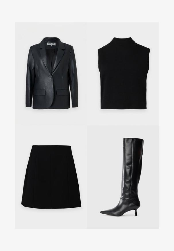 Blazer en cuir noir à un bouton avec col cranté, manches longues et deux poches avant à rabat, présenté sur un fond blanc uni.; Haut noir sans manches avec col roulé, au design ajusté, fabriqué en tissu doux, avec un col côtelé et une texture lisse.; Mini-jupe noire avec une silhouette structurée, présentant des coutures à l'avant et des poches latérales, fabriquée à partir d'un tissu lisse et léger.; Botte en cuir noir hautes jusqu'au genou avec un bout pointu et un talon fin et courbé. Texture lisse, design ajusté, sans matériel ni motifs visibles.