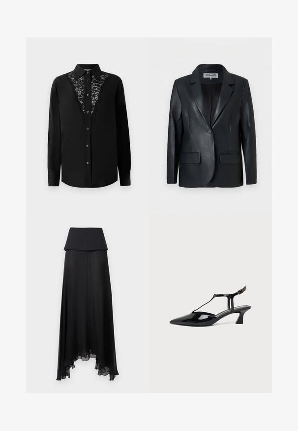 Blazer negro de cuero con un solo botón, solapas con muesca, mangas largas y dos bolsillos frontales con solapa, mostrado sobre un fondo blanco liso.; Camisa negra de manga larga con botones y paneles de encaje en la parte delantera, y cuello tipo punta.; Falda larga negra de talle alto con una cintura de capas y dobladillo asimétrico de tela transparente con suaves volantes.; Zapato slingback de cuero charol negro con punta fina, tira en T y tacón bajo en bloque inclinado sobre fondo blanco.