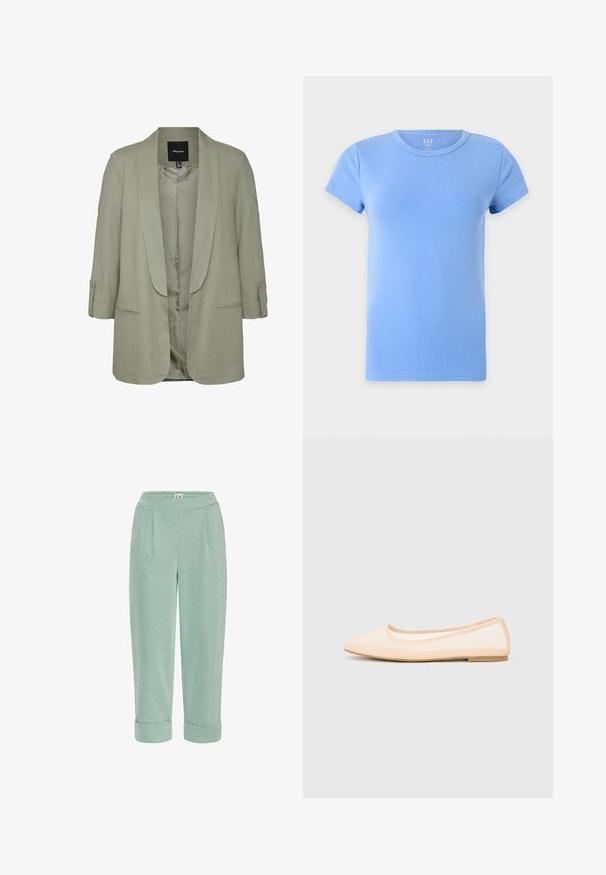 Lichtgroene blazer met een sjaalkraag, driekwartmouwen en opgerolde manchetten. Heeft een soepele binnenvoering en zijzakken.; Effen lichtblauw, katoenen T-shirt met korte mouwen en een ronde hals, weergegeven op een witte achtergrond.; Lichtgroene, cropped broeken met een zachte textuur, voorzien van een omgevouwen zoom en voorplooien, ontworpen voor comfort en casual draag.; Beige ballet flats met een spitse neus, platte zool en transparante mesh bovenkant. Versierd met eenvoudige stiksels langs de randen.