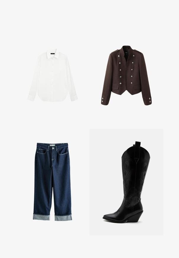 Veste style militaire marron foncé avec double rangée de boutons argentés, épaulettes, deux poches avant à rabat et manches longues.; Chemise blanche à manches longues boutonnée, avec col pointu et poignets, présentée à plat sur un fond blanc.; Pantalon en denim bleu foncé à coupe décontractée, avec ourlets retroussés, style cinq poches traditionnel et détails de surpiqûres contrastantes.; Botte de cowboy en cuir noir avec bout pointu, talon bloc incliné, couture décorative et languettes en haut sur fond blanc.