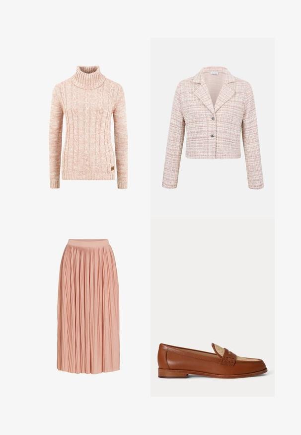 Blazer cropped de mujer con patrón de tweed de cuadros rosa pálido, cuello con muesca, mangas largas y dos botones plateados en la parte delantera.; Suéter de cuello alto de punto en suave melocotón, con patrón de cable texturizado, mangas largas y una etiqueta de marca tejida en el dobladillo.; Falda plisada midi de color rosa claro con una cinturilla ancha, hecha de tela ligera, mostrada sobre un fondo blanco.; Mocasín de cuero marrón con panel beige tejido en la parte superior, tacón bajo de madera y diseño tradicional de correa de moneda sobre fondo blanco.