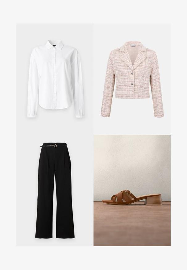 Kvindelig cropped blazer med lys pink ternet tweedmønster, hakket krave, lange ærmer og to sølvknapper foran.; Hvid langærmet skjorte med krave, knaplukning foran og snerrede manchetter. Fremstillet af blødt, letvægtsmateriale med en glat tekstur.; Sorte højtaljede vidde bukser med forreste læg og et tyndt sort bælte med en rund guldlås.; Brun læder mule med åben tå, kraftig hæl og krydsede remme, sat mod en grå gulv og sløret mørk baggrund.