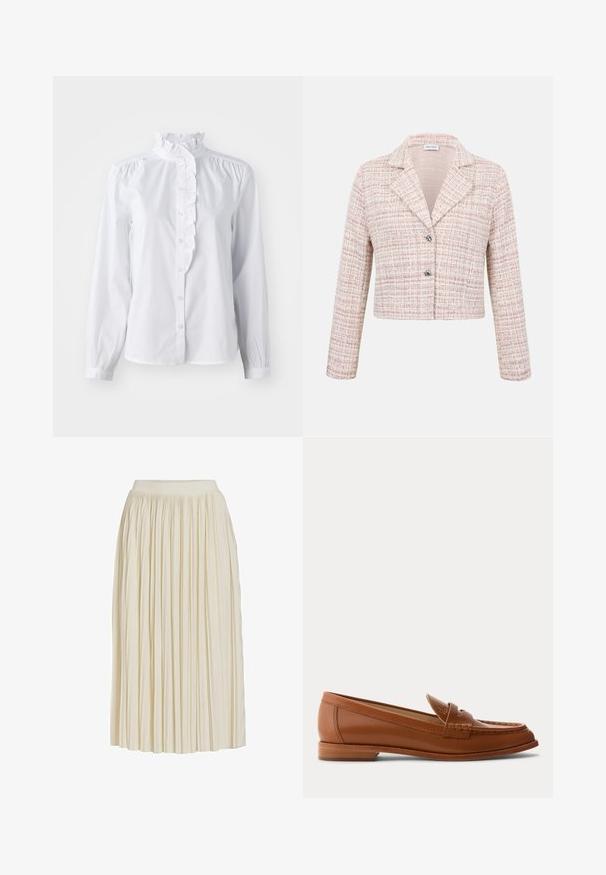 Kvindelig cropped blazer med lys pink ternet tweedmønster, hakket krave, lange ærmer og to sølvknapper foran.; Hvid skjorte med lange ærmer, flæset høj krave og lodret flæseaccent foran. Letvægts bomuldsstof.; Midinederdel i cremelignende farve med smalle lodrette folder og en tætsiddende talje, vist på en ensfarvet hvid baggrund.; Brun læderloafer med lavt træsål, klassisk penny-rem og syet detalje langs tå og sider.