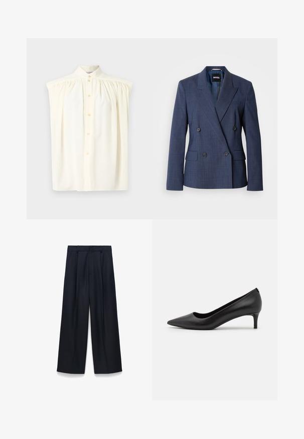 Donkerblauwe dubbelgeknoopte blazer met inkeping revers, vier zwarte knopen, klepzakken en een BOSS-label aan de binnenkant van de kraag.; Crèmekleurige mouwloze blouse met een hoge hals, knoopsluiting en geplooide details op de schouders. Soepele stoftextuur.; Marineblauwe wijde broek van gladde stof, met voorvouwen, een hoge tailleband en zijzakken. Strak, op maat gemaakt ontwerp.; Zwarte leren pump met spitse neus en een lage hak. Soepele textuur, strakke design en subtiele details bij de hak.