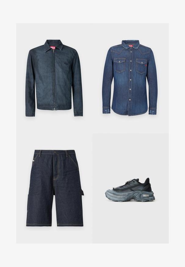 Donkerblauwe spijkerjack met een gestructureerd ontwerp, een ritssluiting aan de voorkant en een kraag. Heeft een subtiel ruitpatroon en een logo.; Donkerblauw denim overhemd met lange mouwen, puntkraag, twee borstzakken, zilverkleurige knoopsluitingen en subtiele distressed accenten.; Donkerblauwe denim shorts met een rechte snit, vijf zakken, gele stiksels en een zijzak voor extra functionaliteit.; Zwarte en grijze Diesel sneakers met dikke zool, vetersluiting en gestructureerd ontwerp op een effen lichtgrijze achtergrond.