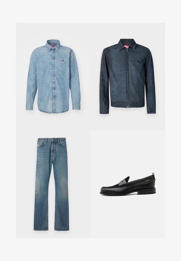 Veste bleu foncé en denim avec un design structuré, fermeture éclair frontale intégrale et col à revers. Présente un motif à carreaux subtil et un logo.; Chemise en denim bleu clair avec des manches longues, un col pointu et une fermeture à boutons. Présente un petit logo rouge sur le côté gauche de la poitrine.; Jeans en denim bleu avec une coupe droite, présentant un léger délavage, des poches avant et une fermeture à bouton à la taille.; Mocassin en cuir noir avec détail de bride grise, talon bas et semelle texturée, marqué "HUGO" en or sur le côté.