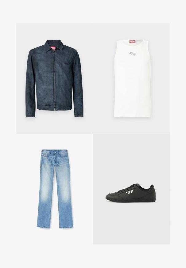 Mørkeblå denimjakke med struktureret design, fuld lynlås foran og krave. Har et diskret ternet mønster og logo.; Hvid ærmeløs tanktop lavet af glat stof, med en lille sølvlogo på brystet og en rød label ved halsudskæringen.; Lysblå lige ben jeans lavet af denim, med en falmet finish, fem-lomme design og synlige syninger langs sømmen.; Sorte syntetiske sneakers med en struktureret sort sål, rund tå og flade sorte snørebånd. Fremtrædende hvidt logo på ydersiden.