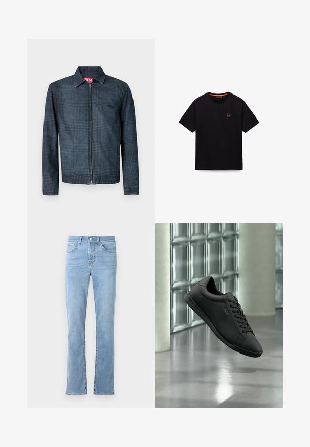 Dunkelblaue Jeansjacke mit strukturiertem Design, durchgehendem Reißverschluss vorne und einem Kragen. Verfügt über ein dezentes Karo-Muster und ein Logo.; Schwarzes T-Shirt mit kurzen Ärmeln und Rundhalsausschnitt, mit kleinem rundem Logo auf der linken Brust und orangefarbenem Besatz innen am Kragen.; Helle blaue, gerade geschnittene Jeans aus Baumwoll-Denim. Verfügt über fünf Taschen, einen frontalen Knopfverschluss und dezente Steppdetails.; Schwarzer Ledersneaker mit Schnürsenkeln und "BOSS"-Logo, der über einem reflektierenden Betonboden in modernem Interieur mit Glassteinwand schwebt.